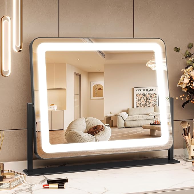 IDEALHOUSE Vanity Mirror with Lights, 20"x17" Lighted Makeup Mirror, LED Desk Mirorr with 360° Rotation, Dimmable 3 Modes, Smart Touch Control for Bedroom or Tabletop(Square,Black)