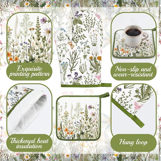 Fourluoo 16 Pcs Wildflower Floral Kitchen Decor Set Spring Kitchen Towels and Dishcloth Non Slip Rug Floor Mat Farmhouse Flower Oven Mitts and Pot Holder Retro Curtain Set for Home Decoration Gift