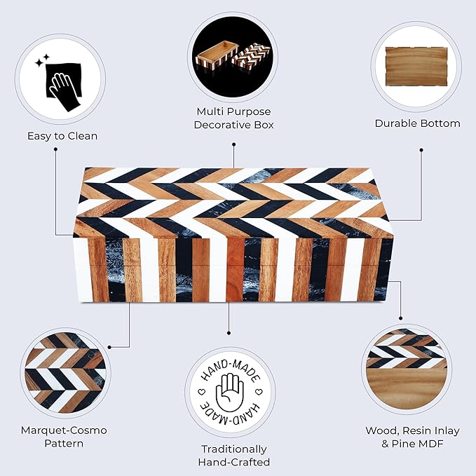 Handicrafts Home Decorative Storage Box with Lid Wooden Coffee Table Storage Box Decor Box for Living Room Styling – Natural Wood Resin Inlay Marquet Cosmo Collection- 10x4.5x2.5