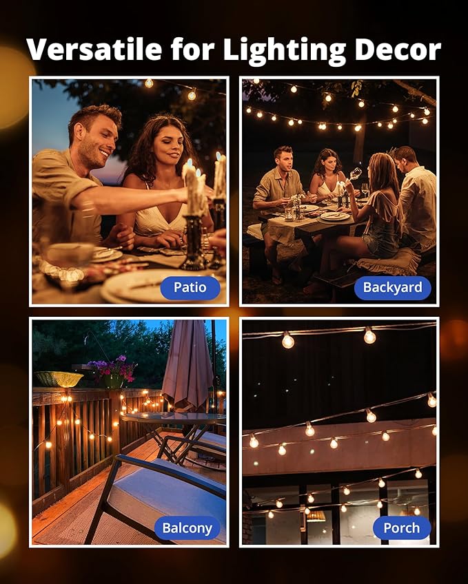 VIPAR Outdoor String Lights, 30FT 13 G40 Bulbs Patio Lights Outdoor Waterproof, Shatterproof Connectable LED Outside Hanging Light for Balcony, Backyard, Porch, Garden, Deck, Bistro, 2700K Dimmable