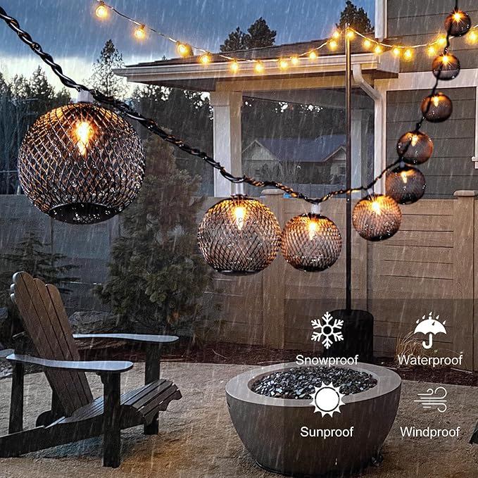 Decorative Lantern String Lights Plug in with 10 Black Metal Ball, Connectable Waterproof Outdoor Decorative String Lights Indoor for Bedroom Patio Pergola Decor