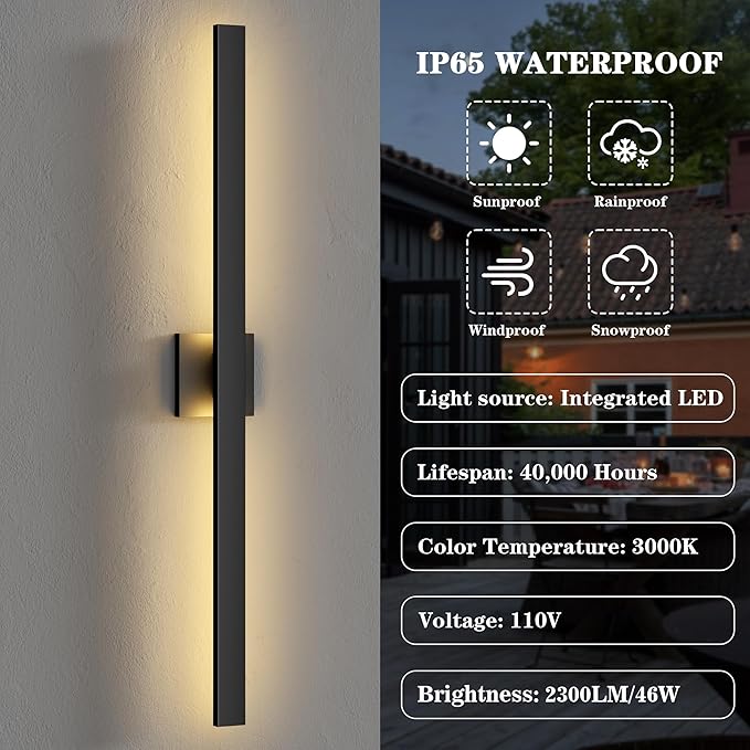 LamQee 39.4 Inch Aluminum Long Outdoor Modern LED Wall Light 3000K 2300LM, Slim Linear Exterior Lighting Fixtures Wall Mount, Waterproof Black Outside Sconce for House Porch Patio Garage Door Yard