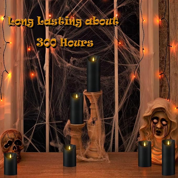 Fo32won Flameless Flickering Candles with Remote Timer, Set of 6 Led Black Battery Operated Candles for Home Decor Xmas Halloween (D3 x H3 3" 4" 5" 6" 7")