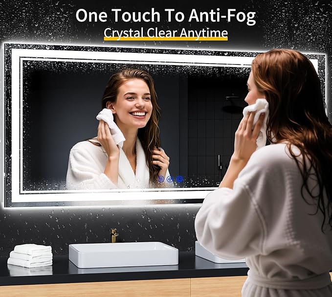 60"x28" LED Bathroom Mirror with Anti-Fog, Stepless Dimmable Lights, 3 Color Modes, Shatter-Proof Tempered Glass,Waterproof Design