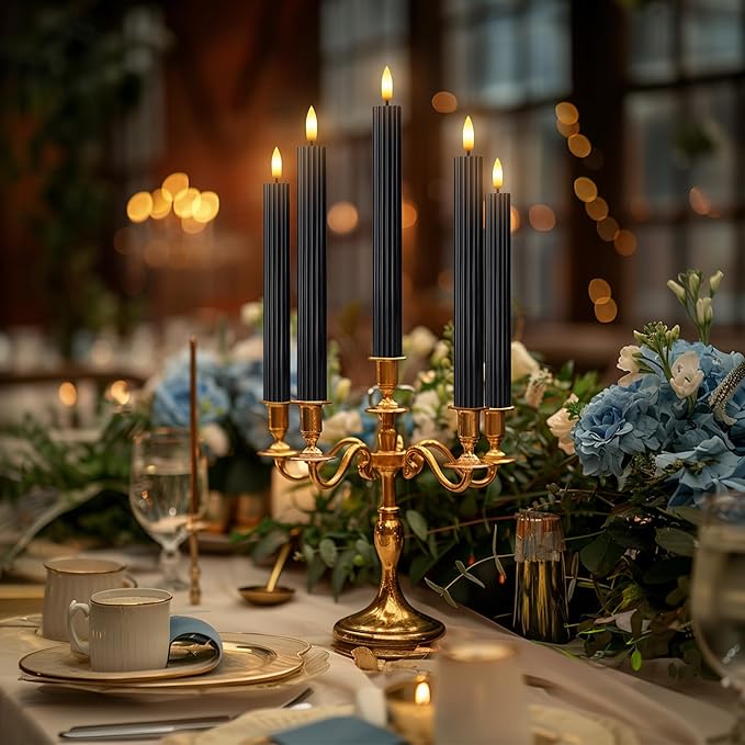 6 Pack, 10" LED Flameless Black Fluted Ribbed Grooved Taper Candles, Remote & 24h Timer Memory, On/Off Button, Dimmable, Flicker Mode, Battery Operated, Christmas Menorah Wedding