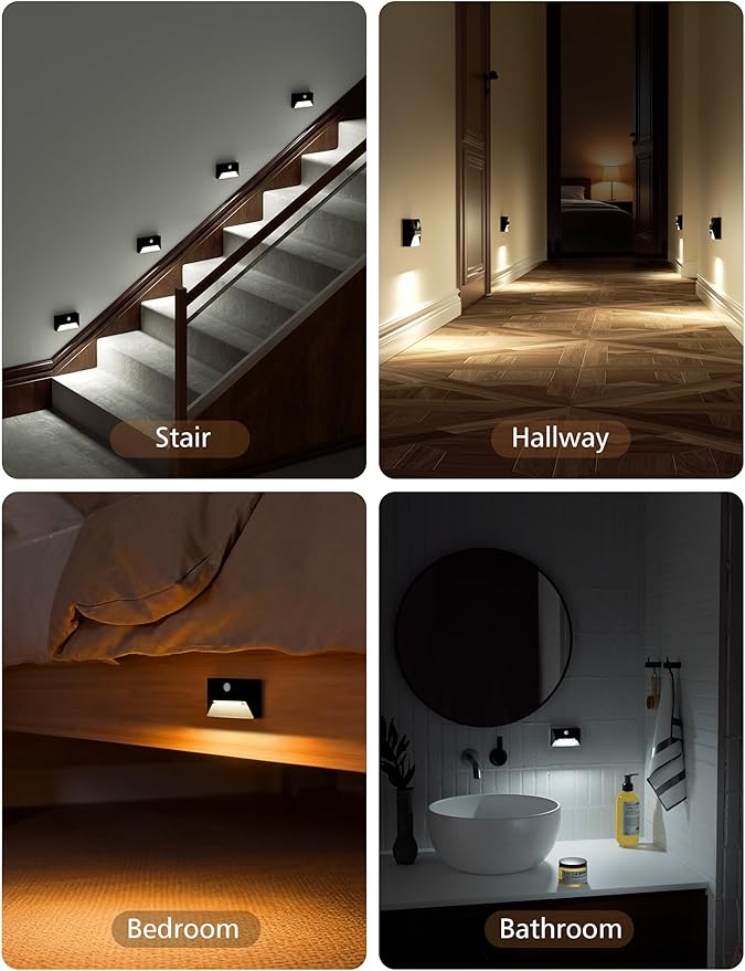 NIORSUN Motion Sensor Night Light, Rechargeable Stair Lights Indoor, 3 Colors and Motion Modes 2000mAh Battery Night Light with Light Sensor for Stairway, Hallway, Bathroom, Kitchen Black 6 Pack