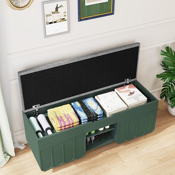 3More 40" Entryway Shoe Storage Bench,Upholstered Hidden Space Beneath Seat Cushion Bench,2-Tier Unique Geometric Shape with Wood Grain,Green