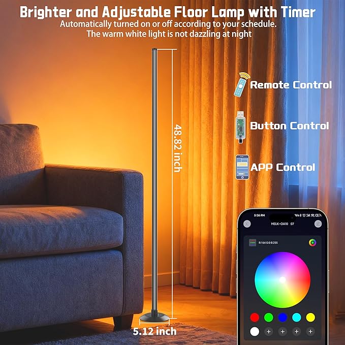 Led Corner Floor Lamp USB Powered with App & Remote Control, Color Changing Led Lamp Music Sync IC+RGBW, Timer, 64+ Music Modes, Standing Lamps for Living Room Lamp Bedroom Gaming Room, 1 Pack