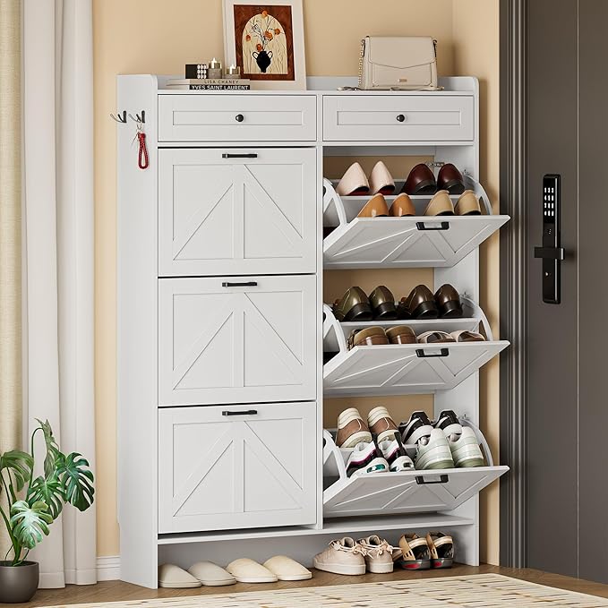 Shoe Cabinet for Entryway, Farmhouse Shoe Storage Cabinet with 6 Flip Drawers and 2 Top Drawers, Tall Narrow Shoe Organizer Cabinet with Adjustable Shelves, Side Hooks and Anti-Tip Kit
