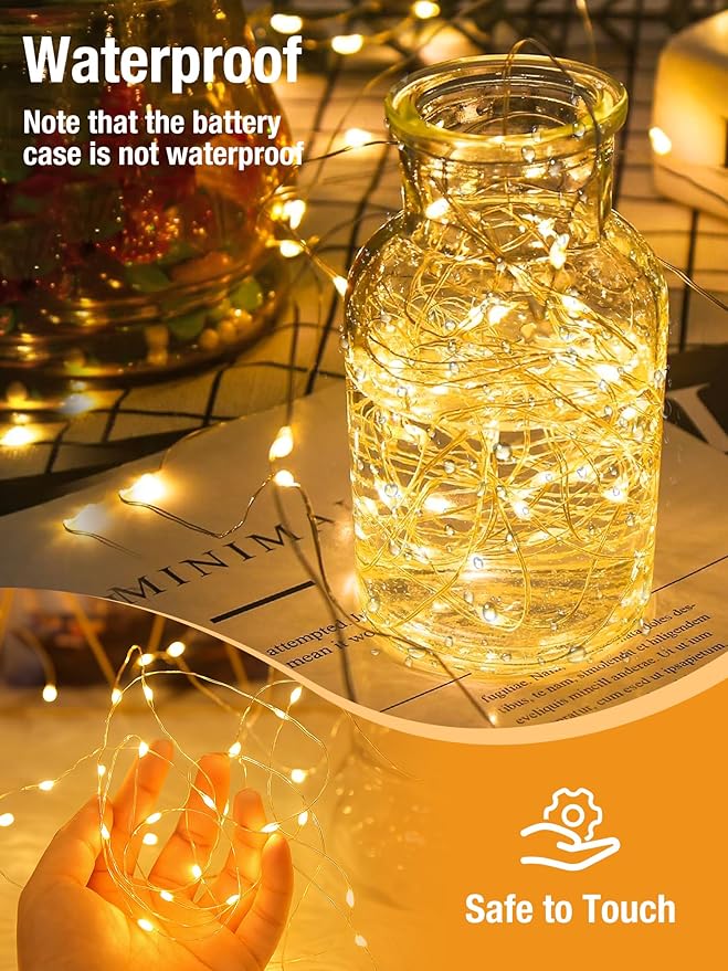 2 Pack Fairy Lights Battery Operated with Timer, 16.4 FT 50 LED Silver Wire Twinkle String Lights 8 Modes Dimmable Waterproof for Indoor Christmas Bedroom Wedding Decorations, Warm White