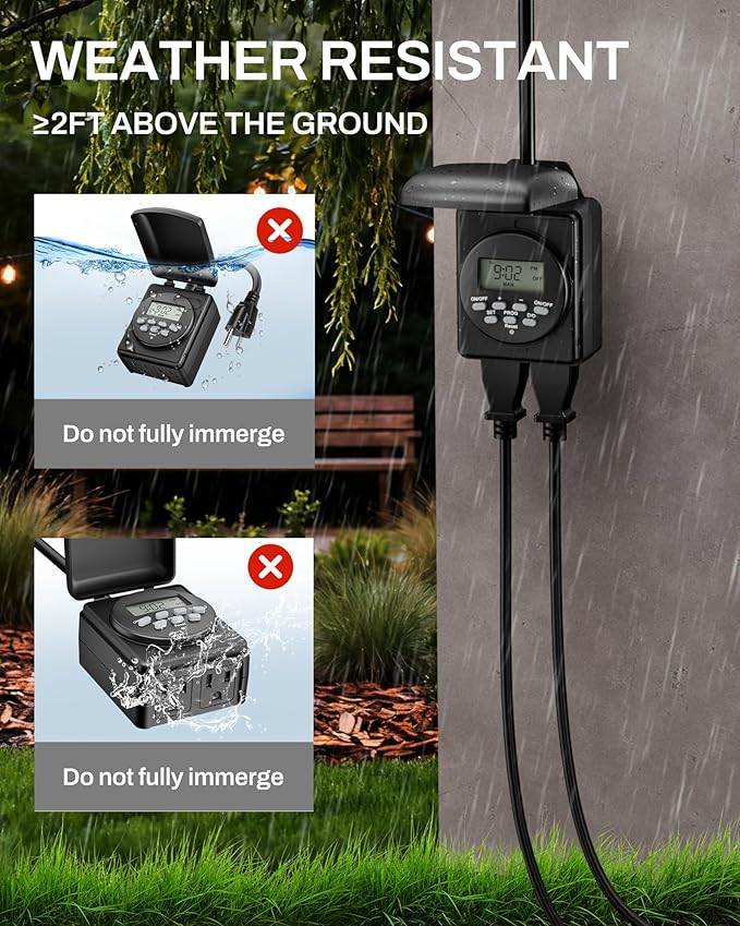 BN-LINK Digital Astronomic Landscape Timer, 7-Day Programmable Outdoor Plug with Dual Grounded Outlets, Waterproof Design for Christmas Lights and Holiday Decorations