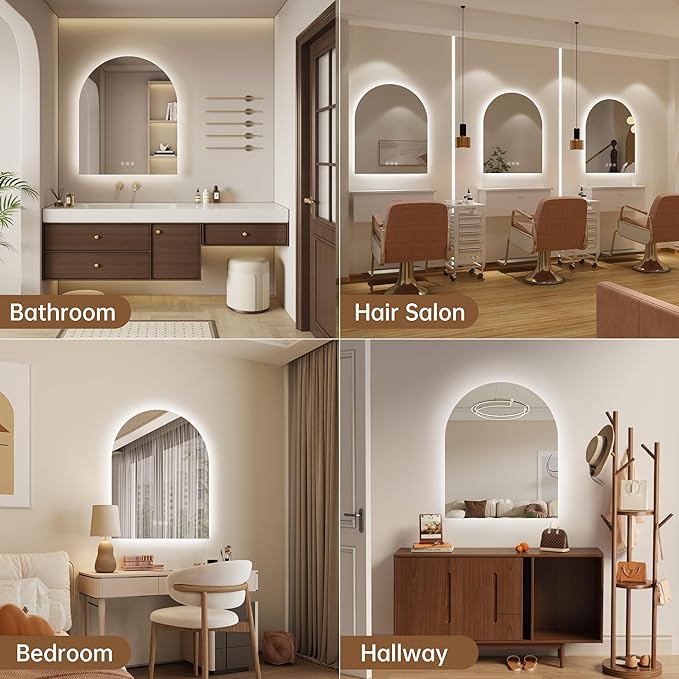 Arched Backlit Mirror Bathroom 30"x36"- Frameless LED Bathroom Mirror with Lights, Fogless, Dimmable, 3 Color Changing, Shatterproof, Touch Sensor