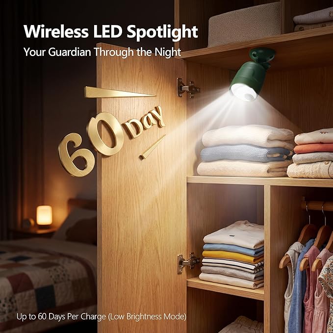 Wireless LED Spotlight, Battery Operated Motion Sensor Outdoor Light - 4000mAh Rechargeable 2-Mode IPX5 Waterproof 600LM Light for Porch, Garage, Hallway, Wardrobe (Green)