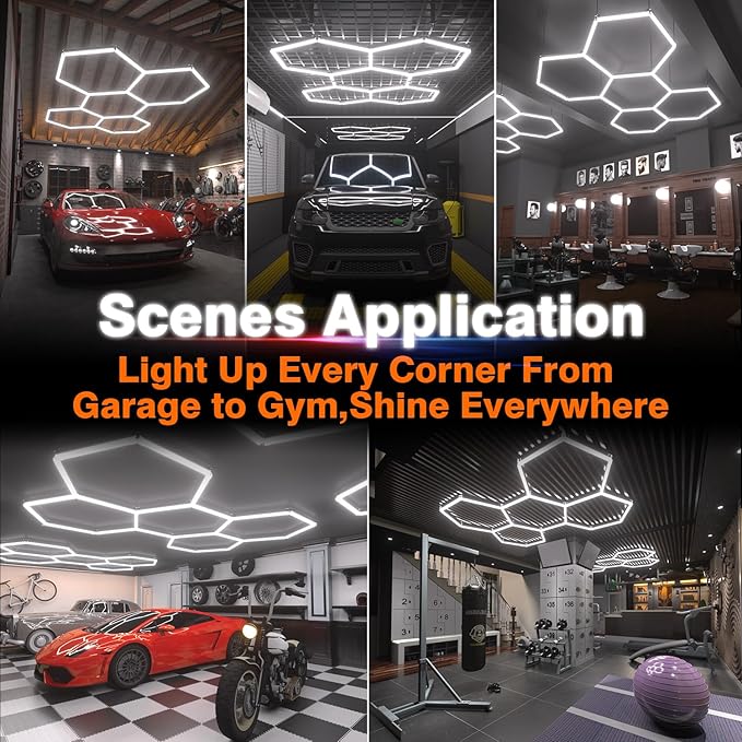 Hexagon Garage Lights : 3 Level Dimmable 168W Tube 5 Grids Hexagon LED Lights - Easy Install 6500K Super Bright Hex Lights for Garage, Home Gym, Shop, Workshop, Basement, Studio