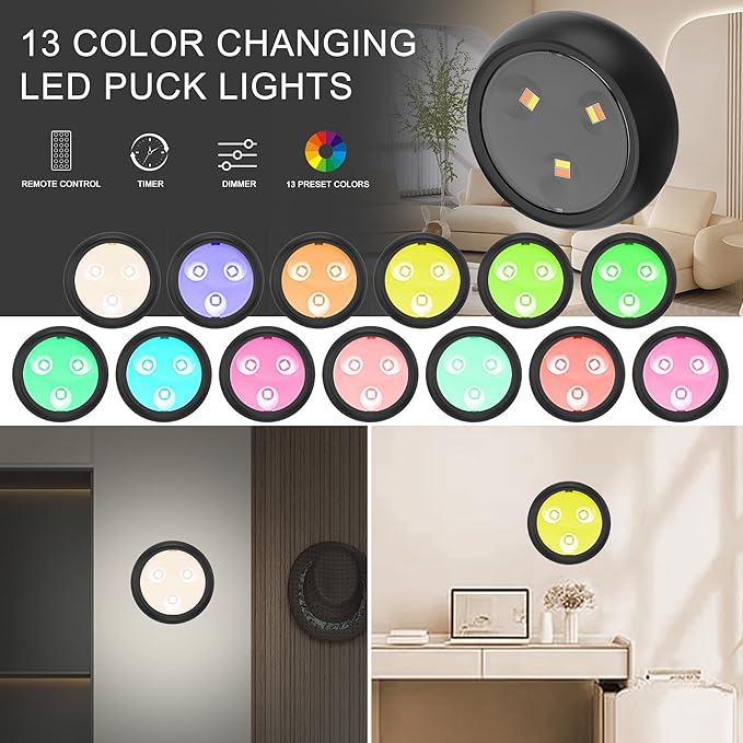 Puck Lights, 13 Colors Changeable LED Puck lightings Battery Powered Dimmable Under Cabinet Lights, Battery Powered Under Counter Lights with Wireless Remote Controls for Kitchen