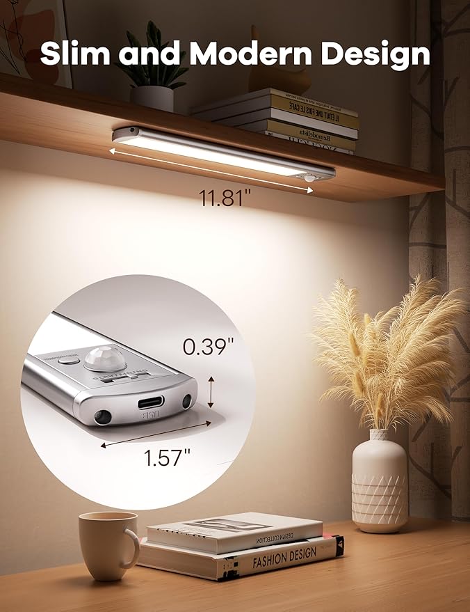 Joyzy 3 Pack Battery Operated Closet Lightings LED Rechargeable Motion Sensor Counter Light Indoor Magnetic Dimmable Above Stove Lights, Wireless Under Cabinet Lights Over Sink Light RV Step Lighitng