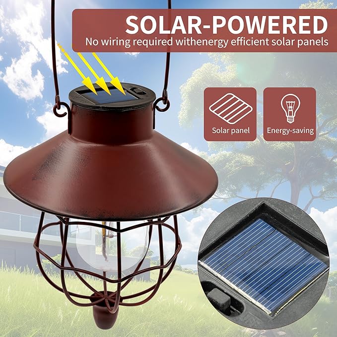 2 Pack Solar Lantern Outdoor Waterproof, Solar Lights Outdoor with Vintage Metal Warm White Edison Bulb Design, Hanging Lanterns Decorate for Garden Yard and Porch (Red)