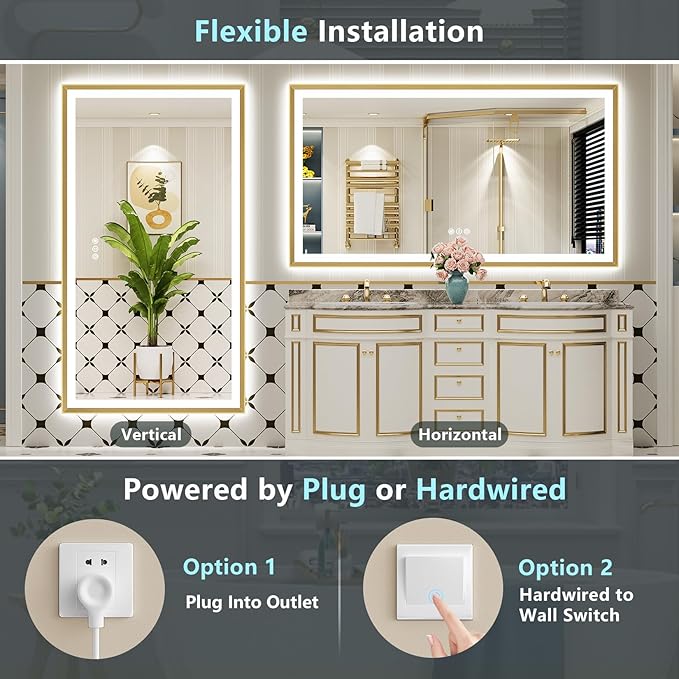 88x38 Gold Beveled LED Bathroom Mirror with Lights, Brushed Gold Framed Backlit and Front Lit Anti-Fog Lighted Vanity Mirrors for Bathroom Wall, Dimmable, 3 Colors, Memory, HD Tempered Glass