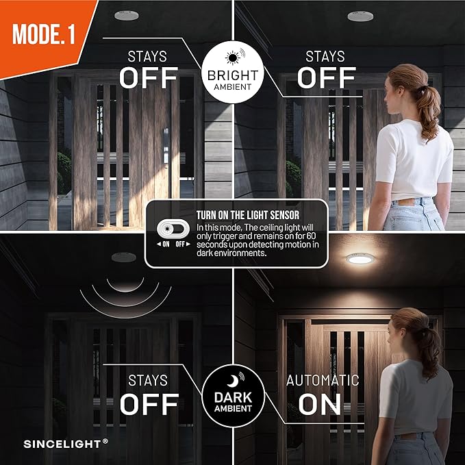 SINCELIGHT PIR Motion Sensor 18W LED Ceiling Light (Φ9''/220mm), Automatically ON/Off, Movement Activated, Dual Mode Turnable, Neutral White 4000K, Surface/Flush Mount for Hallway,Porch, Pack of 1