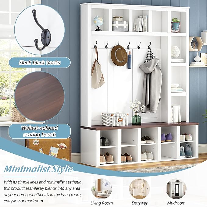 Farmhouse Style Hall Tree with 6 Hooks, Practical Walnut Storage Bench with Adjustable Shelves, Wooden 4-in-1 Entryway Shoe Cabinet with 13 Cubbies for Mudroom, Living Room (White+Walnut-8)
