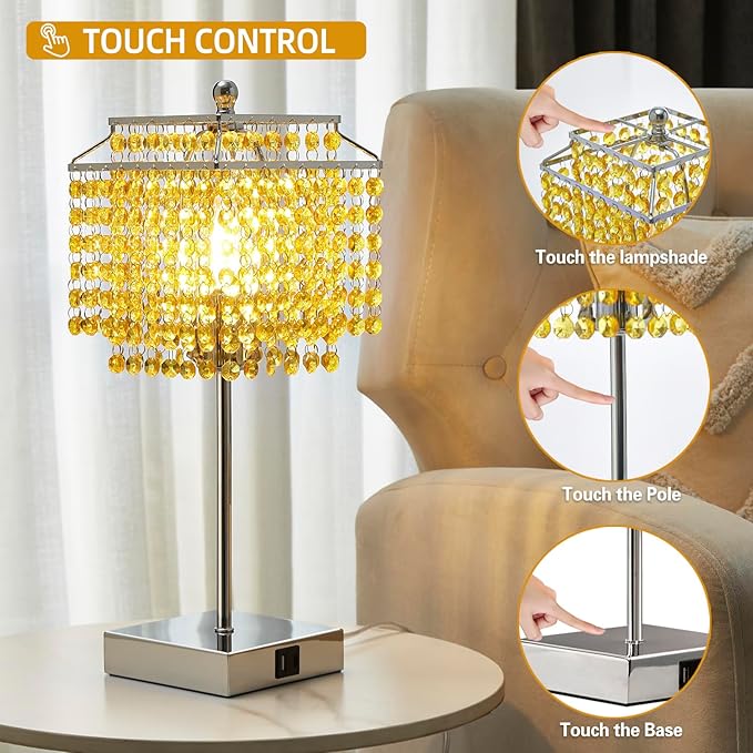 Luvkczc Crystal Table Lamp with Touch Control, Bedside Crystal Table Lamp with USB C+A Ports, Dimmable Lamp for Girls Bedroom, Living Room, Light Yellow & B11 LED Bulb Included