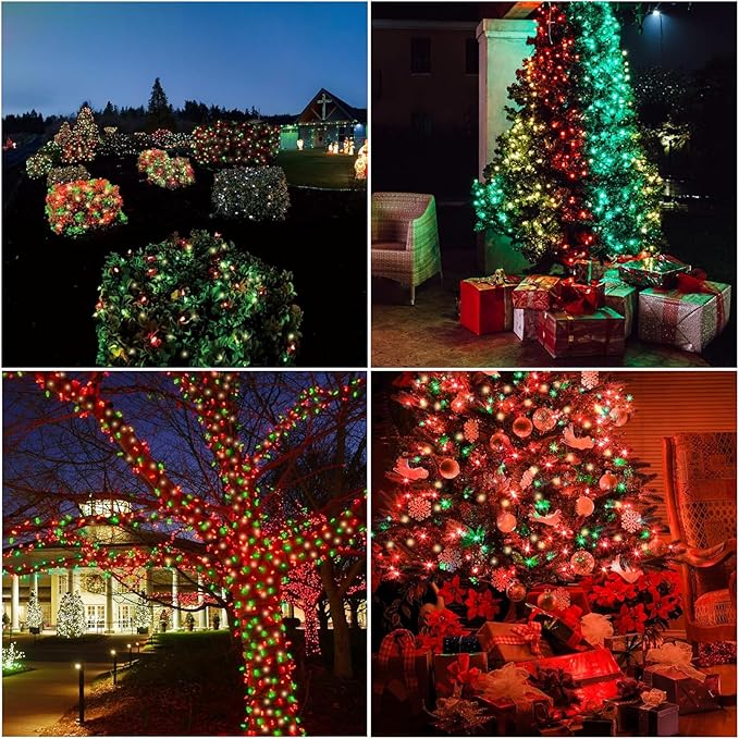 LAMPHOME Red Green Warm Christmas String Lights, 300 LED 99 FT Connectable Waterproof String Lights Green Wire with 16 Modes, Xmas Vintage Decorations for Indoor Outdoor Party Yard Garden Decor