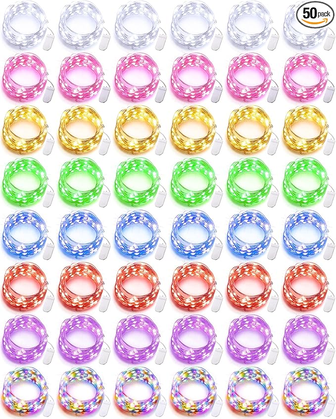 Riakrum 7ft 20 Fairy Lights Battery Operated [3 Styles], LED String Lights Bulk Waterproof String for Christmas Mason Jars Wedding Engagement Party Decorations Table Centerpiece(Colorful,50 Pack)