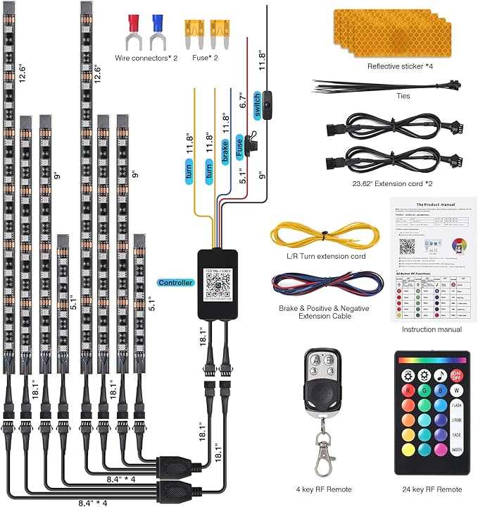 8Pcs Motorcycle RGB LED Strip Lights Kit for Harley Davidson Kawasaki Suzuki Yamaha Golf Cart, 12V Waterproof Multicolor Motorcycle Underglow Neon Light Strip with APP/Remote Control & Brake Signal