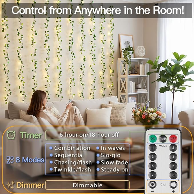 suddus Vines with Lights for Bedroom, 150 LED Fairy Lights with Vines, Ivy Curtain Lights for Bedroom, Dorm, Wedding, Party, Wall, Indoor, Outdoor Decor, 6.5ft x 4.9ft