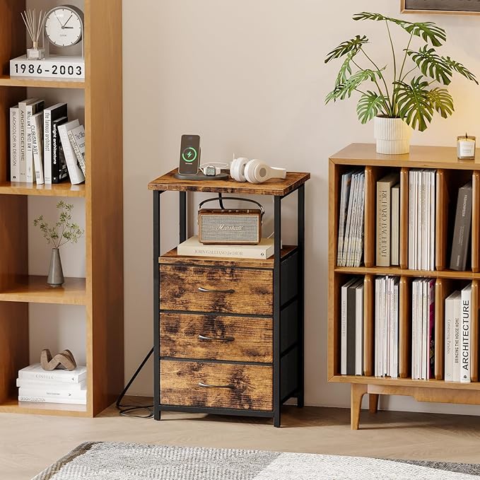 Fixwal Night Stand with 3 Fabric Drawers, Nightstand for Bedroom, Bedside Table with Charging Station End Table with Storage, Rustic Brown (Pack of 2)