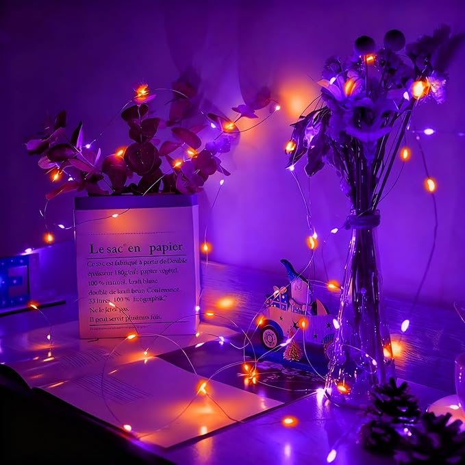 Aogist 50 Pack Fairy Lights 3 Modes 7ft 20 LED Waterproof,Battery Operated Silver Wire Firefly Starry Moon Mini String Lights for Mason Jars Christmas DIY Crafts Wedding Party Bedroom,Orange&Purple