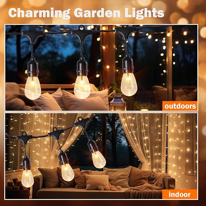 Afirst Solar Outdoor String Lights Waterproof 11FT with 15 LED Bulbs Shatterproof, UL Listed Solar Patio Lights for Garden, Backyard, Porch.