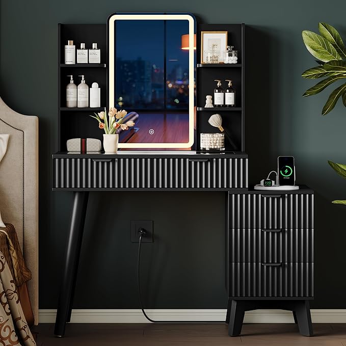 Vanity Desk With HD Lighted Mirror and Lights, Fluted Small Makeup Vanity with Storage Drawers & Shelves, Modern Dressing Table Set with Power Outlet & Glass Table Top for Women Girls Bedroom, Black