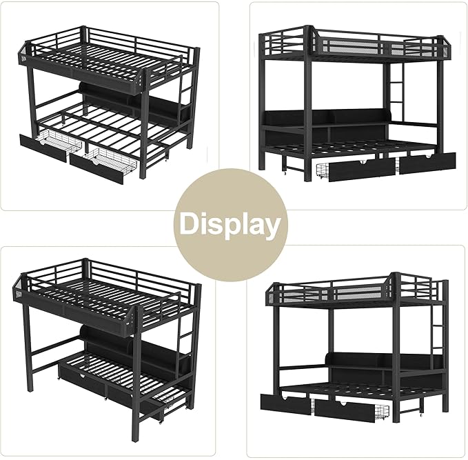 Bellemave Twin XL Over Twin XL Metal Bunk Bed with Storage Drawers and Shelves, Heavy Duty Bunk Beds with LED Lights and Charging Station for Kids,Adults,Convertible into a Sofa Bed,Black
