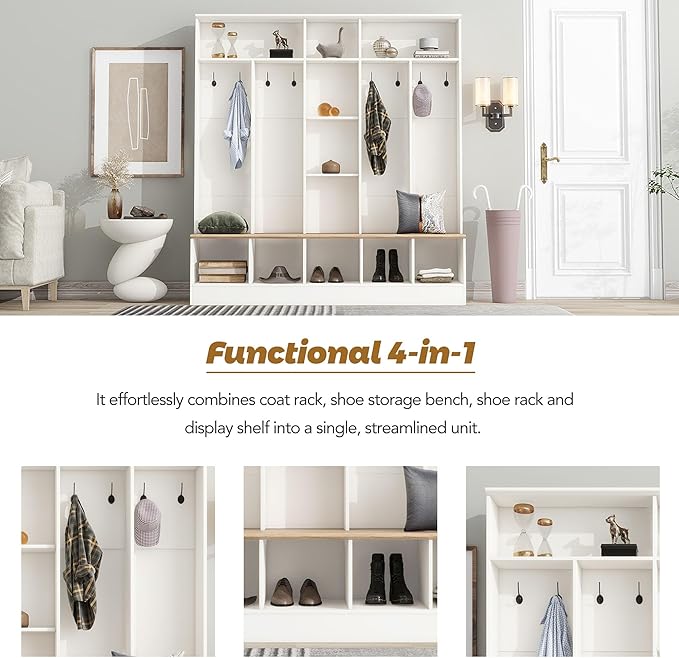 Merax 72'' H Hall Tree with Shoe Storage Bench, Modern Hall Tree with Storage Shelves & 8 Hooks, Coat Rack for Entryway, Mudroom, Hallway, Living Room,White