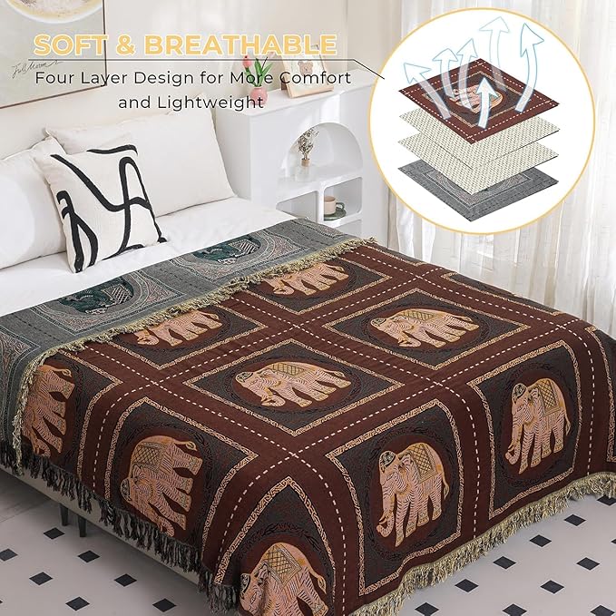 Boho Throw Blanket for Bed with Tassels,100% Cotton Ultra Soft and Cozy Large Blanket Elephant Printed Farmhouse Decor Bed Blankets,90"×98" All Season Rustic Throw for Sofa Couch Chair-Brown