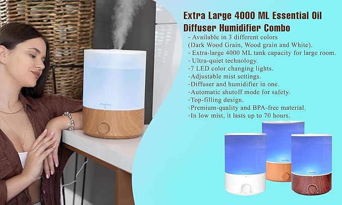 BlueHills Premium Set of Two Large 4000 ML XL Essential Oil Diffusers Humidifier Combo for Large Room Home with Décor LED Lights Great Gift – Value Pack of Dark Wood Grain and White
