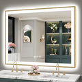 50x40 Gold LED Bathroom Mirror with Lights, Brushed Gold Framed Backlit and Front Lit Anti-Fog Lighted Vanity Mirrors for Bathroom Wall, Dimmable, 3 Colors, Memory, HD Tempered Glass, CRI＞90