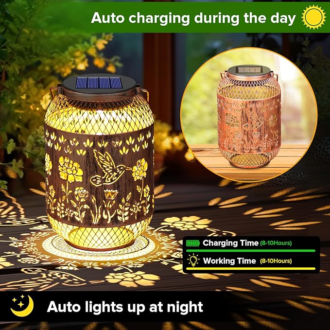 Solar Lanterns Outdoor Waterproof - Hummingbird Solar Lights for Garden, Hanging Metal Lantern Decor for Patio, Yard - Christmas Mothers Day Gifts for Women, Mom, Grandma (Hummingbirds, 1)
