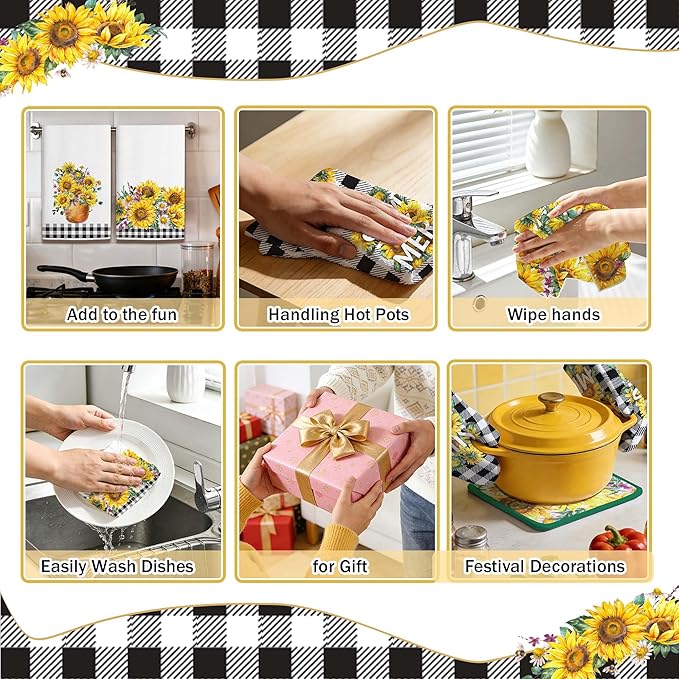 8 Pcs Sunflower Plaid Kitchen Towels and Dishcloths Sets - Pot Holders and Oven Mitts Set Kitchen Accessories 4 Dish Towels 2 Absorbent Square Potholders for Cooking Baking Farmhome Gifts