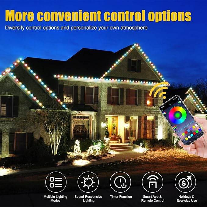 200 FT Permanent Outdoor Lights, Waterproof 2-in-1 Eaves & Ground Stakes LED String Lights with App/Remote Control for House, Garden– Smart Color-Changing Lighting for Halloween Christmas Decorations