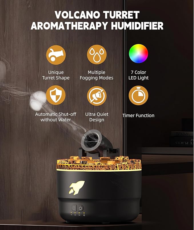 Aromatherapy Diffuser Humidifiers, Volcano Turret Creative Smoke Rings Humidifiers with Color LED Light, Ultra Quiet Cool Mist Essential Oil Diffuser for Bedroom Home Office