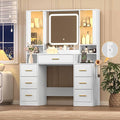 White Makeup Vanity Desk with Mirror & Lights, Modern Vanity Table with Charging Station, 7 Drawers, Glass Cabinet, Adjustable Shelves, Bedroom Dressing Table Set for Women & Girls