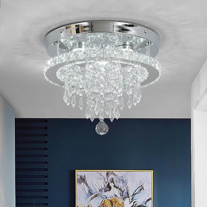 Deckrico Modern Crystal Chandelier 11.8" LED Ceiling Light Chrome Flush Mount Lighting Fixture for Bedroom, Hallway, Kitchen, Dining Room – Cool White