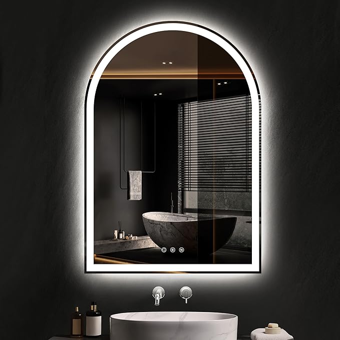 Arched Bathroom Mirror with Lights 28"x40"- Frameless LED Mirror for Bathroom, Fogless, Dimmable, 3 Color Changing, Shatterproof, Touch Sensor