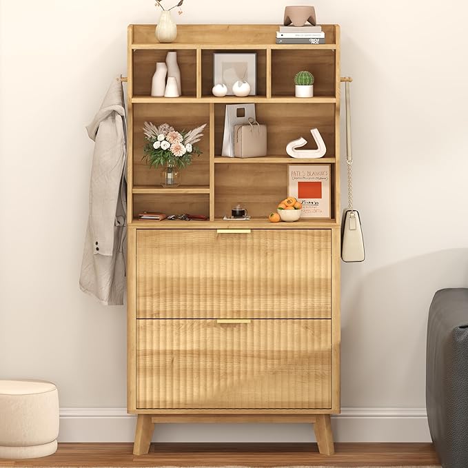 TVU Hall Tree with 2 Height-Adjustable Flip-Top Shoe Cabinets, Rustic Style Entryway Coat Rack with LED Lights, Tall Entryway Coat Rack with 4 Coat Hooks & 7 Height-Adjustable Storage Compartments