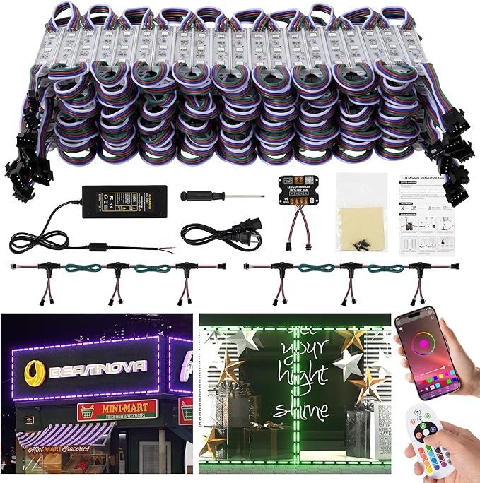 BEAMNOVA 80FT RGB LED Storefront Lights for Business, Strip Light Kit, Parallel Controller + 2 Power Injection Cables, Single Plug Design, 120W, IP65 Waterproof Window Lights with Remote & App Control