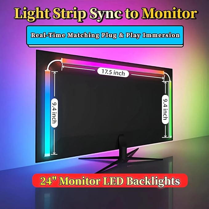 24 Inch Monitor Backlight - Reactive LED Strip for PC and Mac - Screen Color and Music Sync Gaming Lights - Software Control Ambient Lighting for Desktop Setup - USB Powered (24 inch)