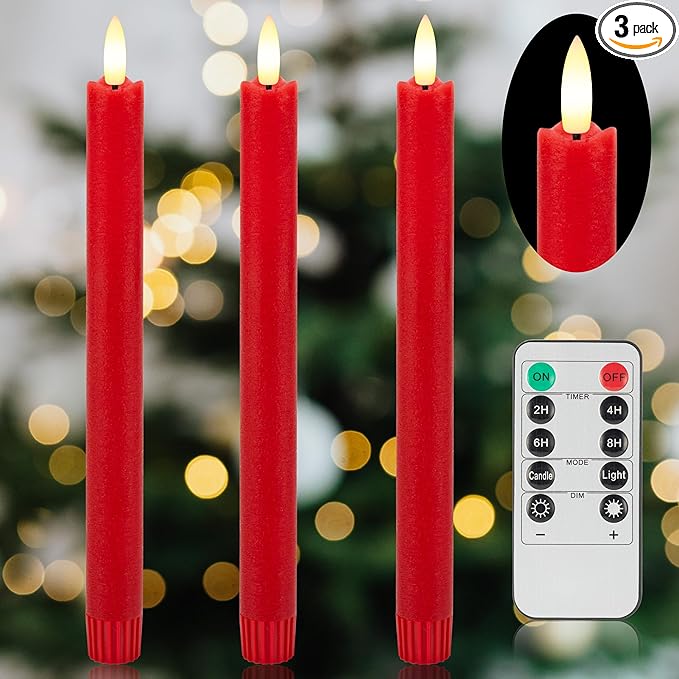 Red Flameless Taper Candles with Rmote, 9.6" Real Wax Battery Operated Candles with 3D Wick, 3 Pack Christmas Led Candlesticks for Table, Home, Wedding, Party, Xmas Decor