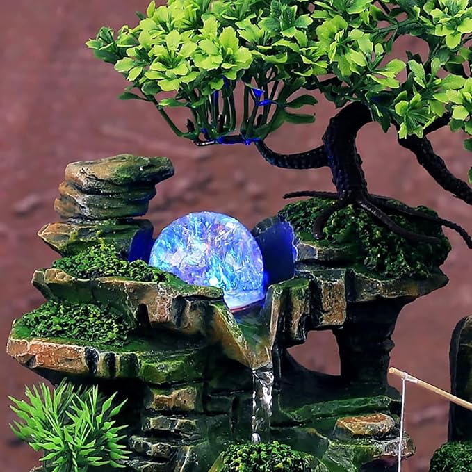 Water Fountains Indoor Waterfall Fountain, Bonsai Desktop Ornament with LED Light, Indoor Water Fountains for Home Office Bedroom Atomizing Humidifier Desk Decoration